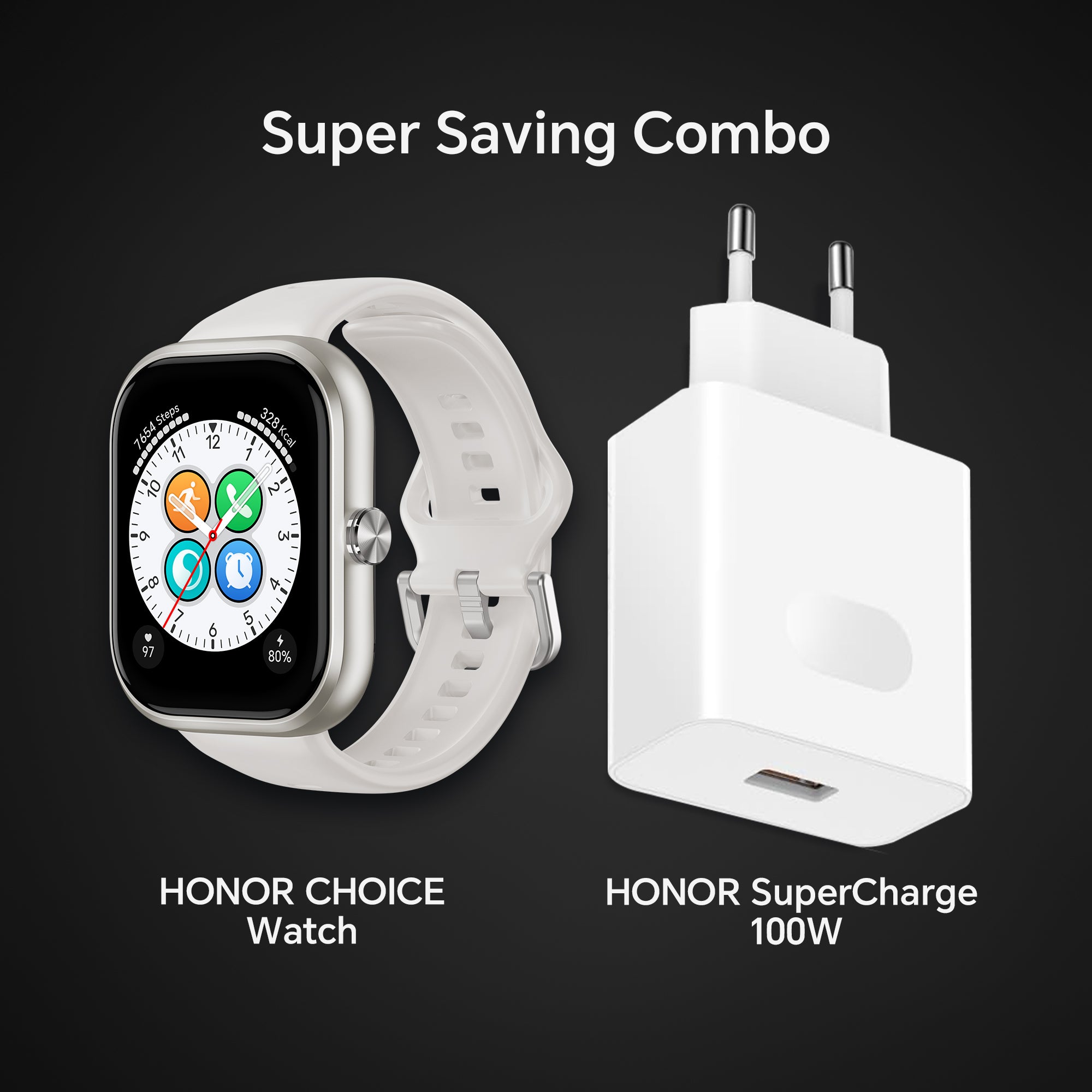 HONOR CHOICE Watch White SuperCharge 100W Mobile Charger Combo